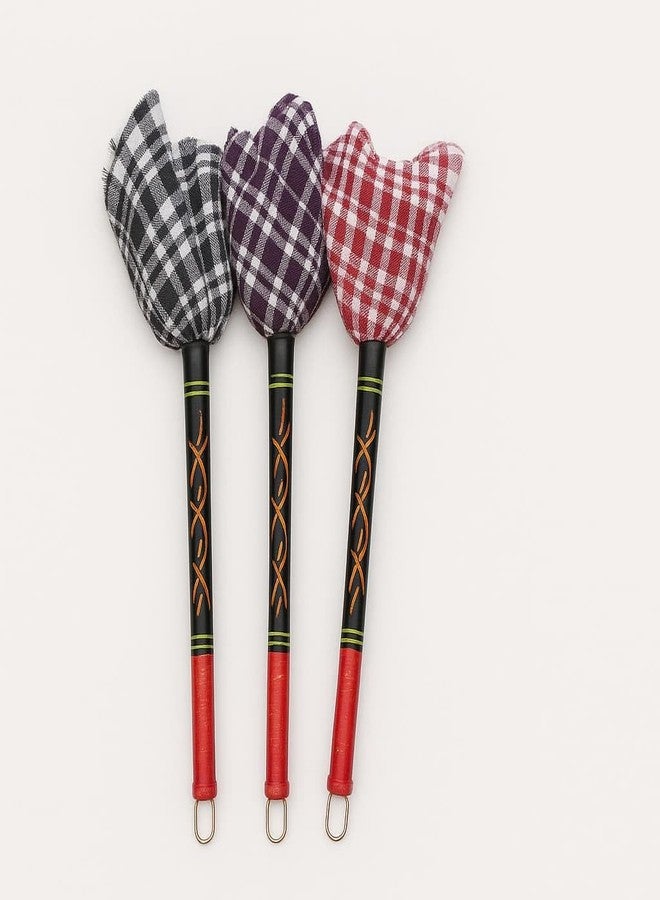 TOP SELECT Decorative Gingham Check Fabric Duster with Wooden Handle, Red, Black, Purple Checkered Pattern, Traditional Cross Design, Home Cleaning (3) - Image 2